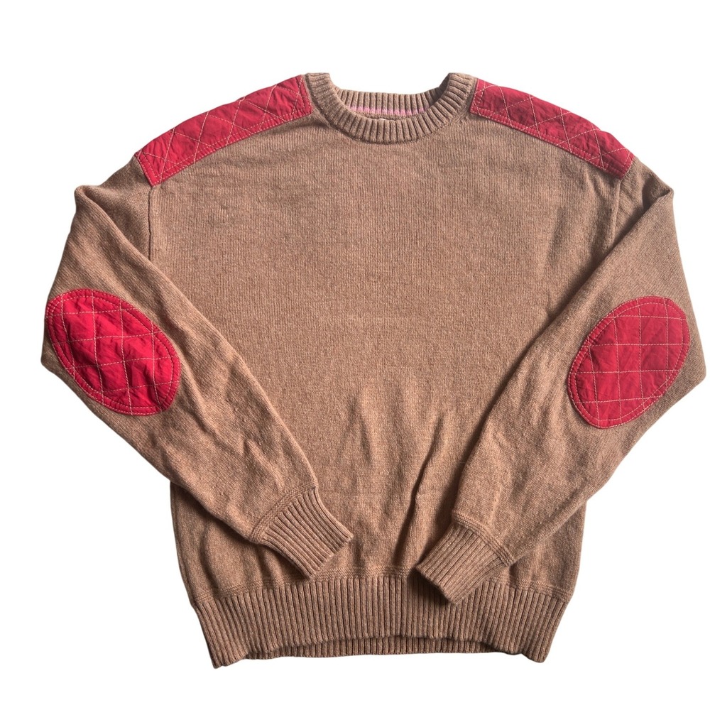 Boden Wool Crewneck Sweater SZXS Camel Color‎ with Red Elbow Shoulder Patches